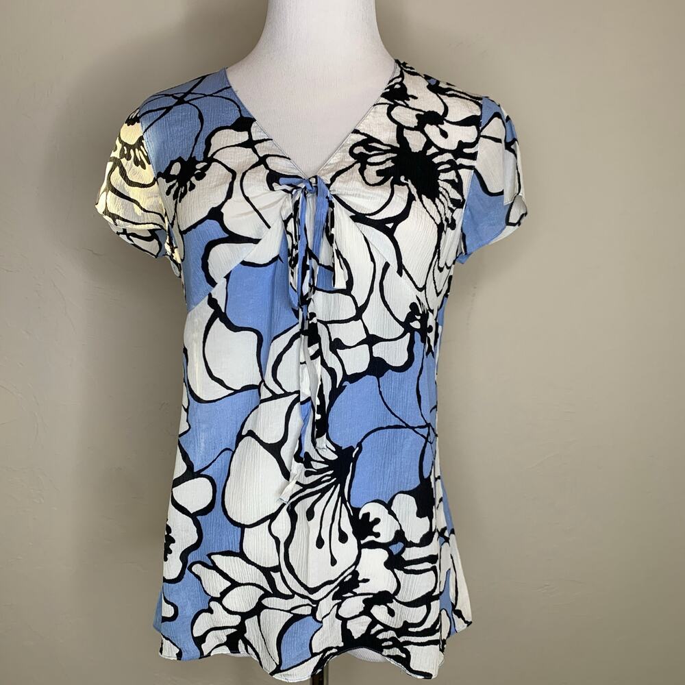 Vintage Silk Floral Crinkle Blouse Y2K Blue White Black Sz Small